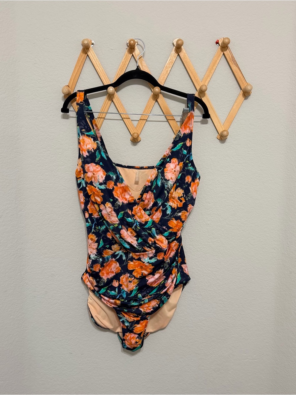 Garnet Hill Blue Floral Ruched Deep V Neck Swimsuit Size 14